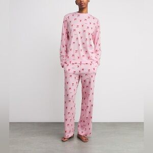 Skims Candy Cane Bow Boyfriend Long Sleeve Pajama Set Pink